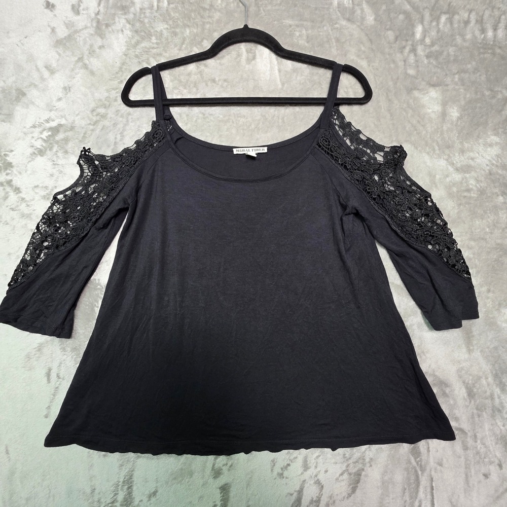 Moral Fiber Black Cold Shoulder Crochet Lace Sleeve Knit Top Blouse Womens L